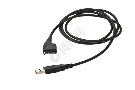 白色背景移动电话的黑色USB数据电缆Blac图片