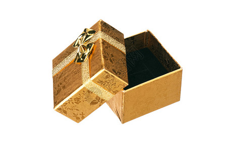 白色背景上带丝和蝴蝶结的金色礼盒图片