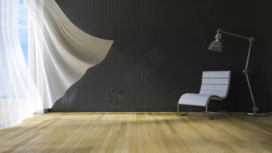 海边房间的3ds渲染图像被海风吹起的白色织物窗帘木墙和地背景图片