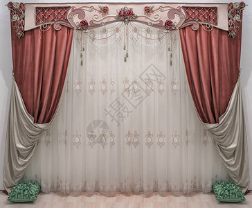 用古典的宫殿风格设计室内双面窗帘Pelmet用人工花朵珠图片