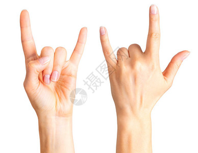 一群女手握着摇滚乐标志或魔鬼角的手势背景图片
