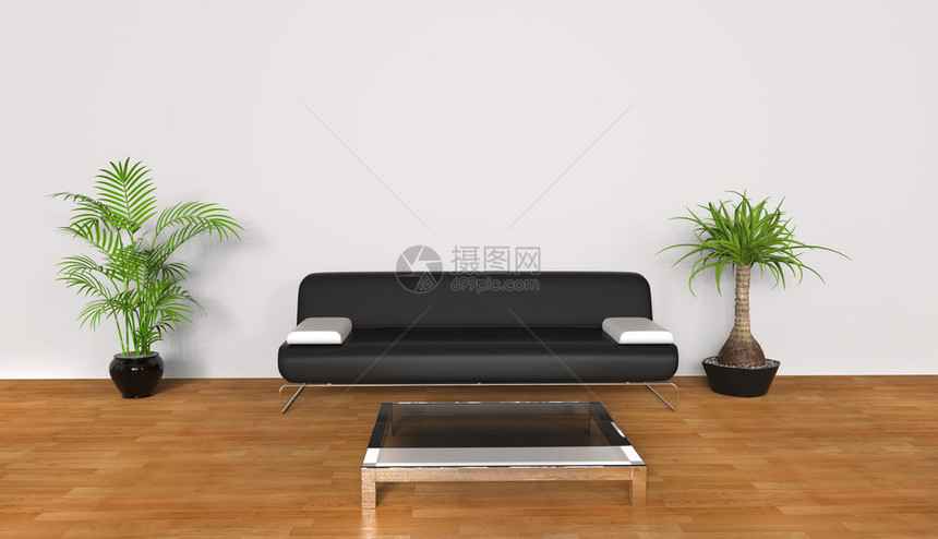 白色客厅黑色沙发图片