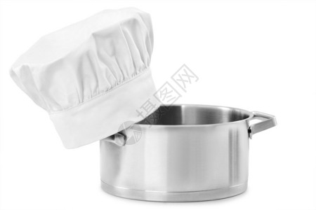 厨师帽与不锈钢烹饪锅隔离在白色背景图片