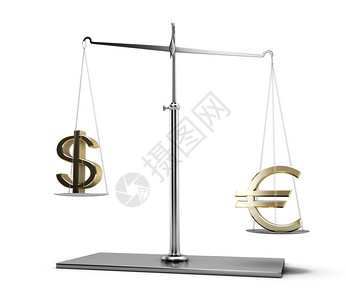 经典的正义天平与欧元和美元符号隔图片
