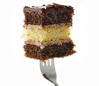叉子上的一块巧克力软糖夹心蛋糕图片
