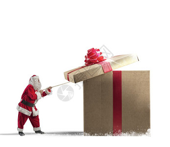 打开一个大红色礼物的圣诞老人图片