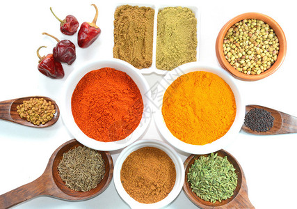 印度香料红辣椒黄油椰菜和幼苗种子背景图片