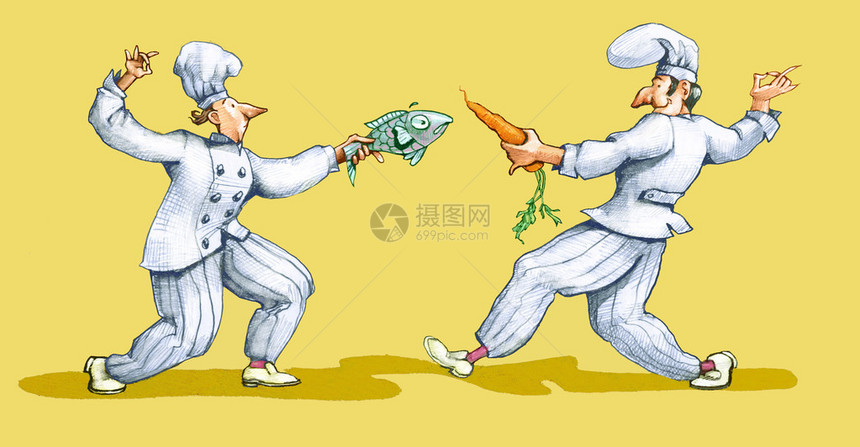 两位厨师正在与一条鱼和一条胡萝卜决斗图片