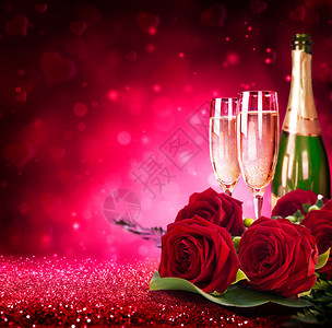 闪发光的情人节香槟和玫瑰图片