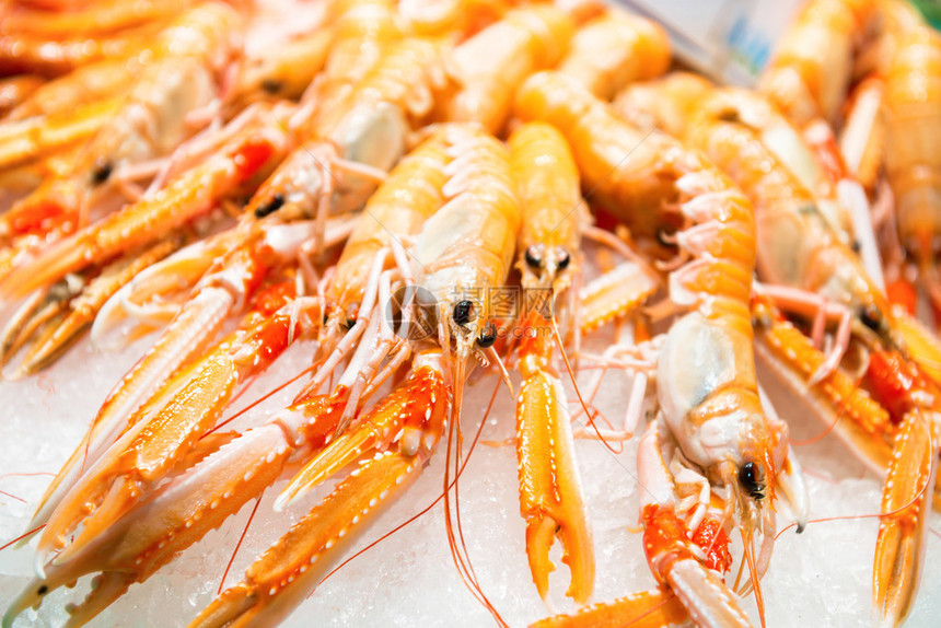 红鲜虾在市场上的摊位海图片