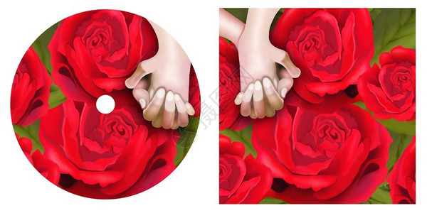 手绘爱人欢乐手在美丽红玫瑰上的优美模版以及粉色背角的DVD光盘图片
