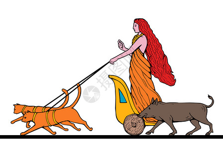 拉雅瀑布FreyaNorse爱与美的女神骑着一辆由两只猫和野猪拖拉的马车插画