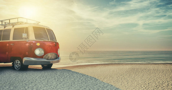 沙滩上的一辆红色汽车图片