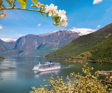 春季在fjord的游轮图片