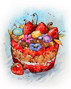 明亮的卡通蛋糕水彩手绘素描图片