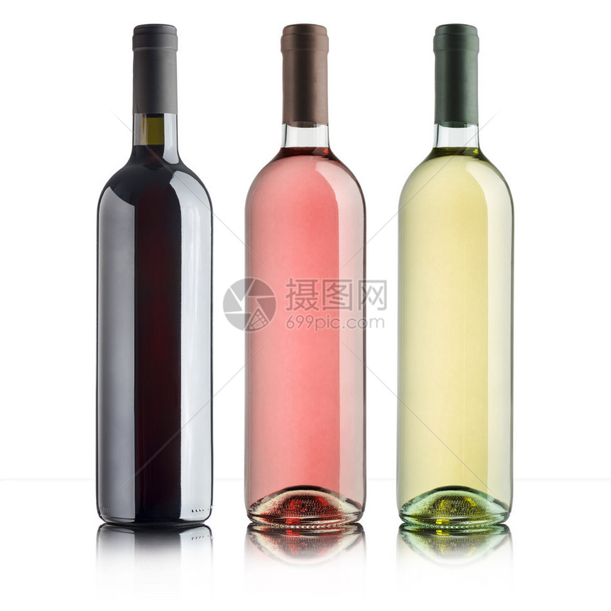 有各种葡萄酒的瓶子在白色背景上图片