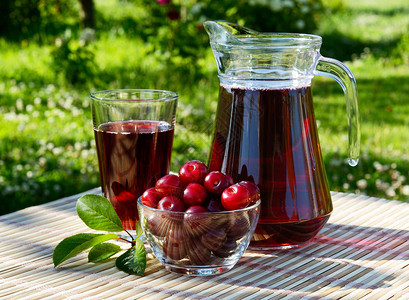 樱桃汁在玻璃杯中果汁和有樱桃的咖啡厅图片