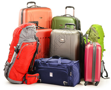 行李包括大型行李箱背包和白色孤立图片
