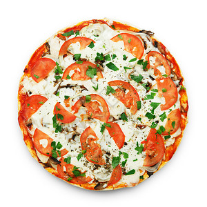 美味的比萨配蘑菇西红柿和鸡肉图片