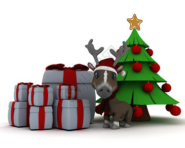 圣诞老人帽子3d渲染中的圣诞驯鹿图片