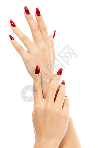 有红色指甲的女手白色背景孤立图片