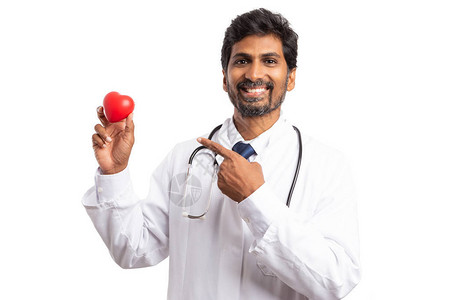 友好的心脏病专家或医生用白色工作室背景上的食指图片