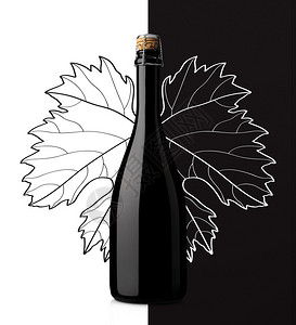 一瓶白色和黑色背景的葡萄叶起泡酒背景图片