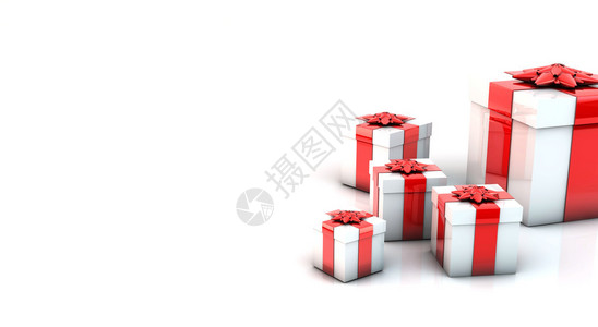 几个有红色和银色丝带的3d礼品盒背景图片