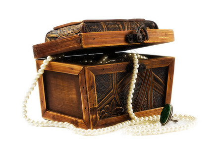 装满项链和珠子的木制首饰盒图片
