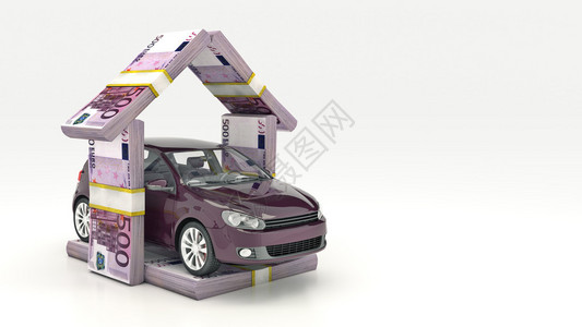 汽车和金钱在白色租买或保险汽车概念渲染3D图片