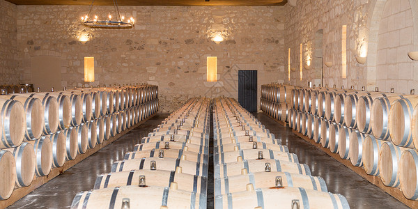 法国波尔多城堡酒窖中传统大型橡木桶发酵的图片