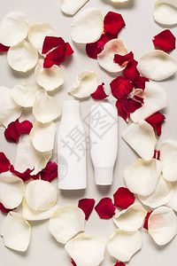白玫瑰花瓣和红玫瑰花瓣上的瓶子图片