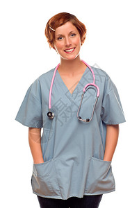 女医生或护士因白种背景图片