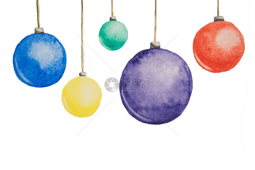 几颗圣诞树彩色的多彩球涂上白底有水彩画图片