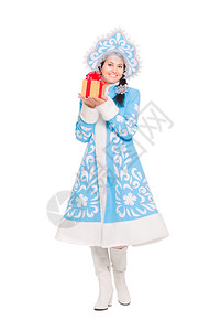 带着礼物的雪少女装扮成白衣被孤图片
