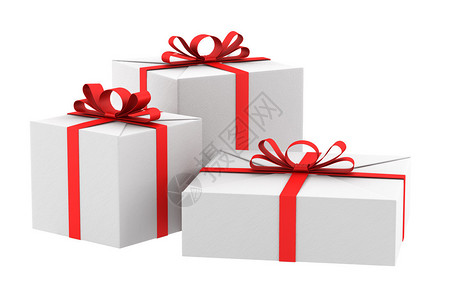 三个白色礼物盒上面有红丝带和背景图片