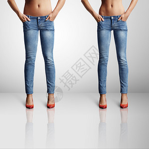 前后双录女人在节食前后穿着紧身牛仔裤的拼贴画双背景