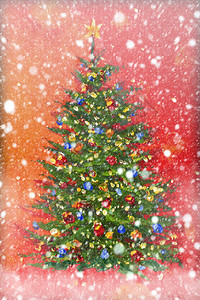 冬天雪红色艺术品圣诞树上模糊的雪花手绘油画圣诞艺术布面油画红色图片