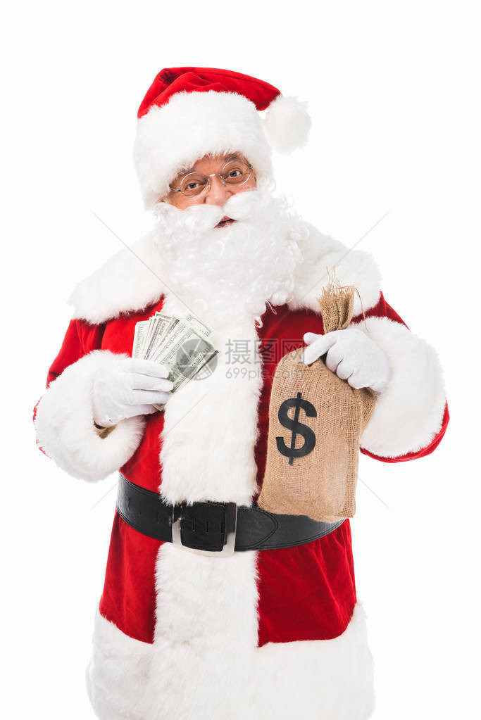 Santa持有美元钞票和袋装用白纸图片