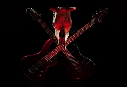摇滚乐团符号穿越电吉他和头骨背景图片