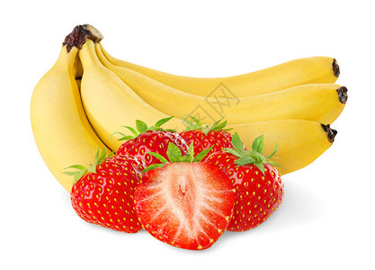 香蕉和草莓上白色孤立图片