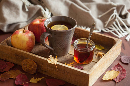 热柠檬蜂蜜茶变暖的茶饮料围巾图片