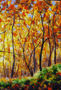 原画布面油画秋季森林景观背景图片