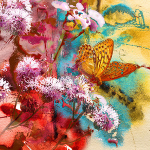 蝴蝶和手工造纸上的抽象绘画混合图片