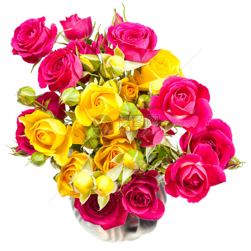 粉红和黄玫瑰花束在白色背景的罐图片