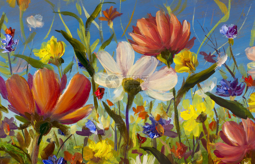 艺术品手工抽象油画鲜艳的花朵卉景观黄色蓝色紫色抽象花图片