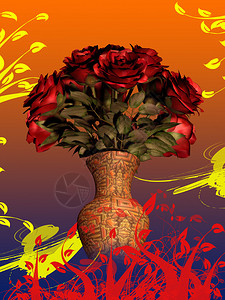 花瓶中红色玫瑰的布束花朵其背景丰富多彩图片