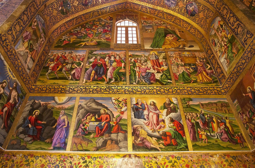 伊朗斯法罕万克大教堂内的绘画细节凡大教堂是在伊斯法罕亚美尼亚区建立的首批教堂之一围墙始于1606年图片