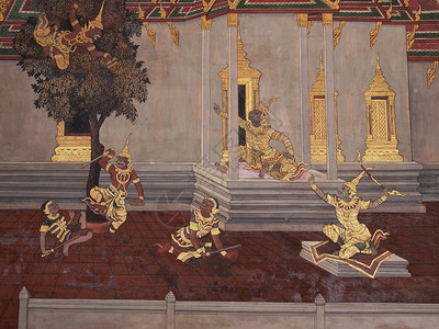 在泰国寺庙画墙壁画关于拉马亚纳图片