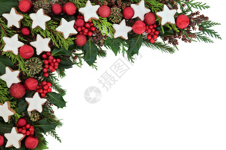 与姜饼星干中看不中用的装饰品冬青常春藤松果雪松柏树和冷杉的圣诞节背图片